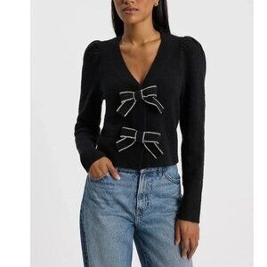 ⭐️ EXPRESS Bow V-Neck Puff Shoulder Cardigan Sweater Black Large